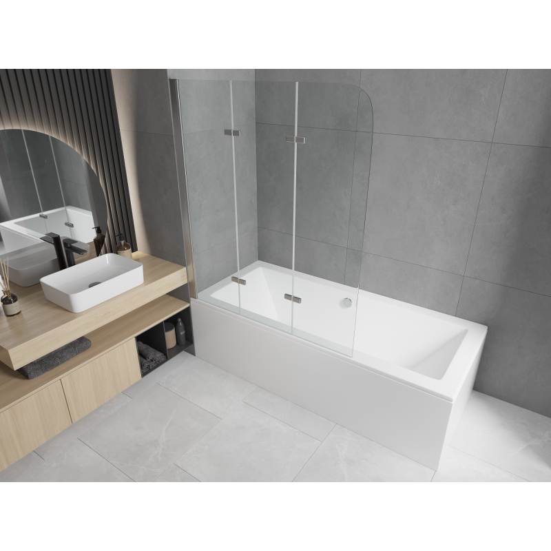 Mexen Cube vasca da bagno rettangolare 180 x 80 cm con pannelli e paravento a 3 ante 120 cm, trasparente, cromo