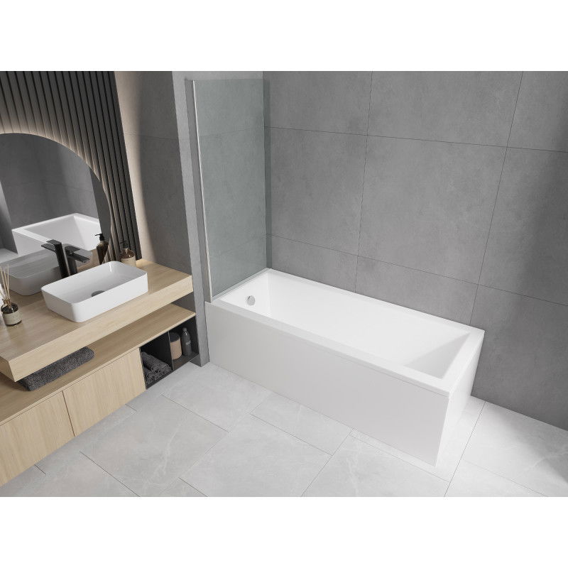 Mexen Cubik Rechteckige Badewanne 150 x 70 cm mit Verkleidung und 1-flügeligem 70 cm Paravent, transparent, Chrom