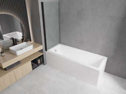 Mexen Cubik bañera rectangular 150 x 70 cm con panel y mampara de 1 hoja 70 cm, transparente, negro - 550315070X9007017000