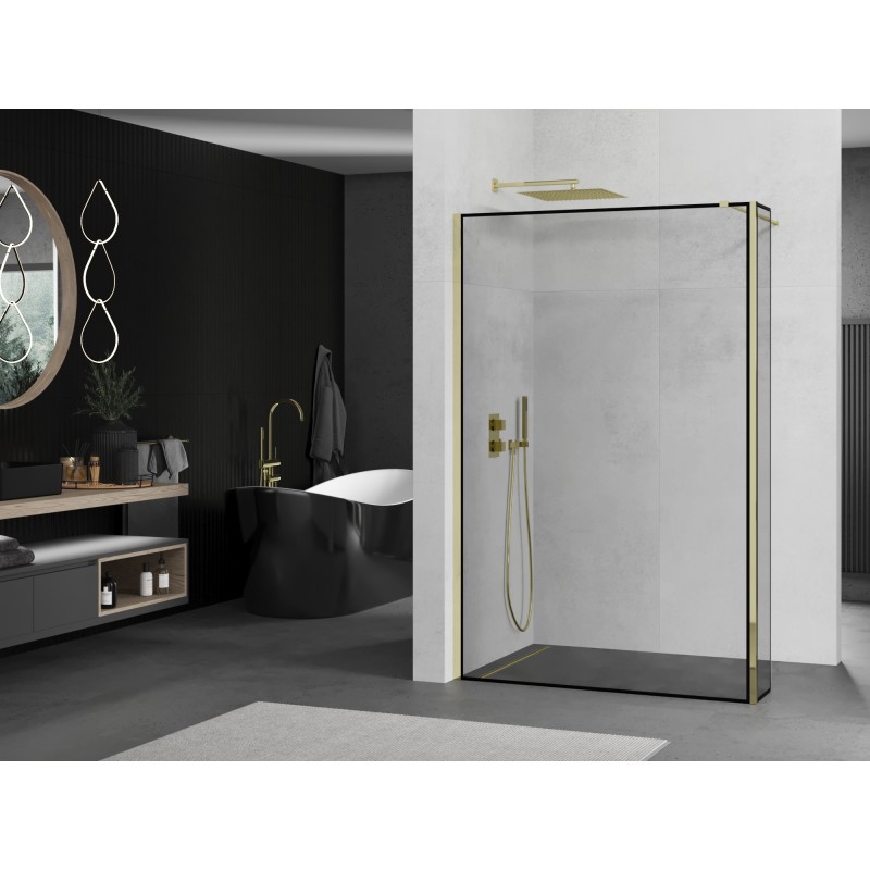 Mexen Kioto Tuš stena Walk-in 130 x 30 cm, črn okvir, zlata - 800-130-212-50-70-030