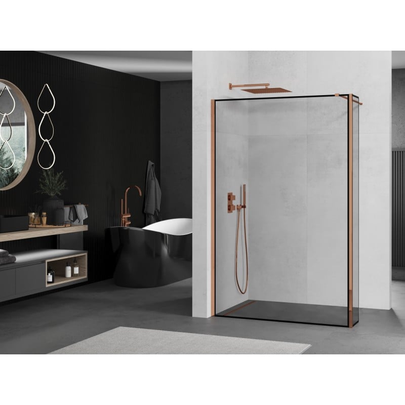 Mexen Kioto shower wall Walk-in 150 x 30 cm, black frame, rose gold - 800-150-212-60-70-030