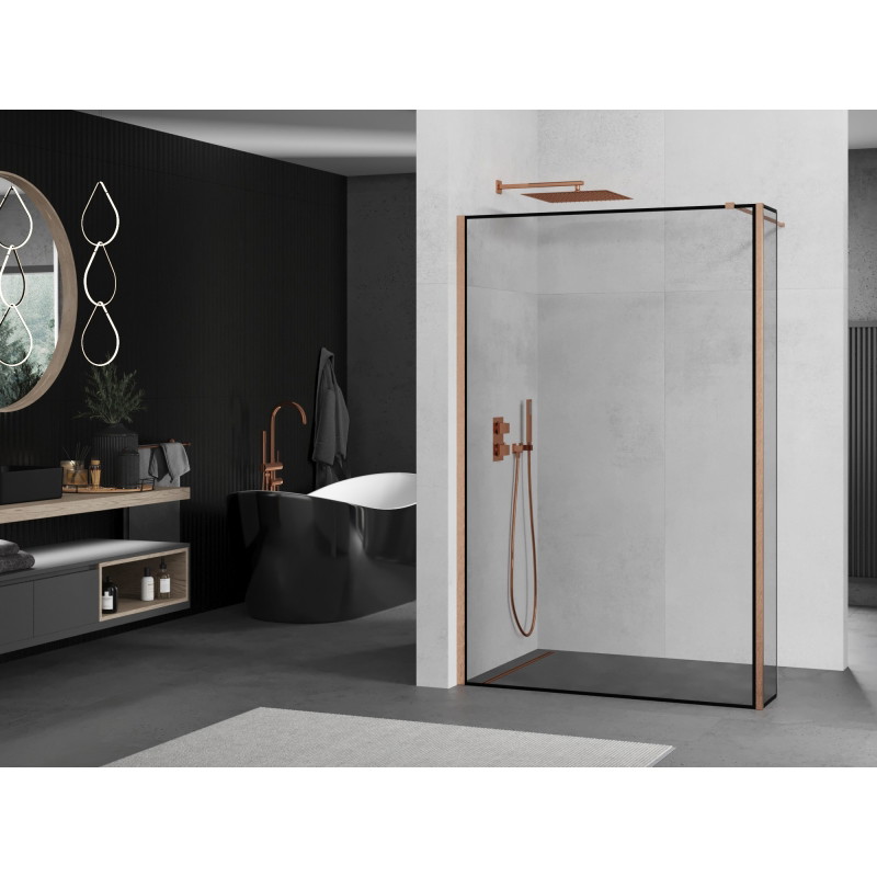 Mexen Kioto zidna ploha za tuš Walk-in 130 x 30 cm, crni okvir, brušena bakar - 800-130-212-65-70-030