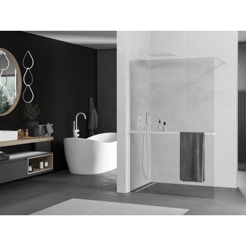 Mexen Kioto+ ścianka prysznicowa z półką Walk-in 75 x 200 cm, transparent, biała - 800-075-121-20-00
