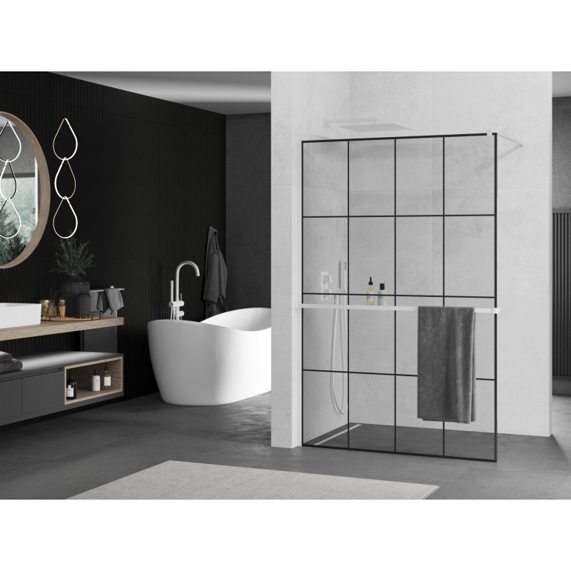 Mexen Kioto+ ścianka prysznicowa z półką Walk-in 130 x 200 cm, czarna kratka, biała - 800-130-121-20-77