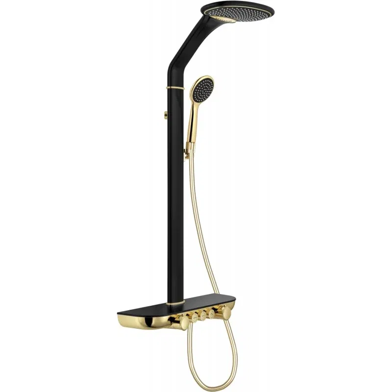Mexen Bolt exposed shower set with showerhead and tap, black/gold - 78108-75