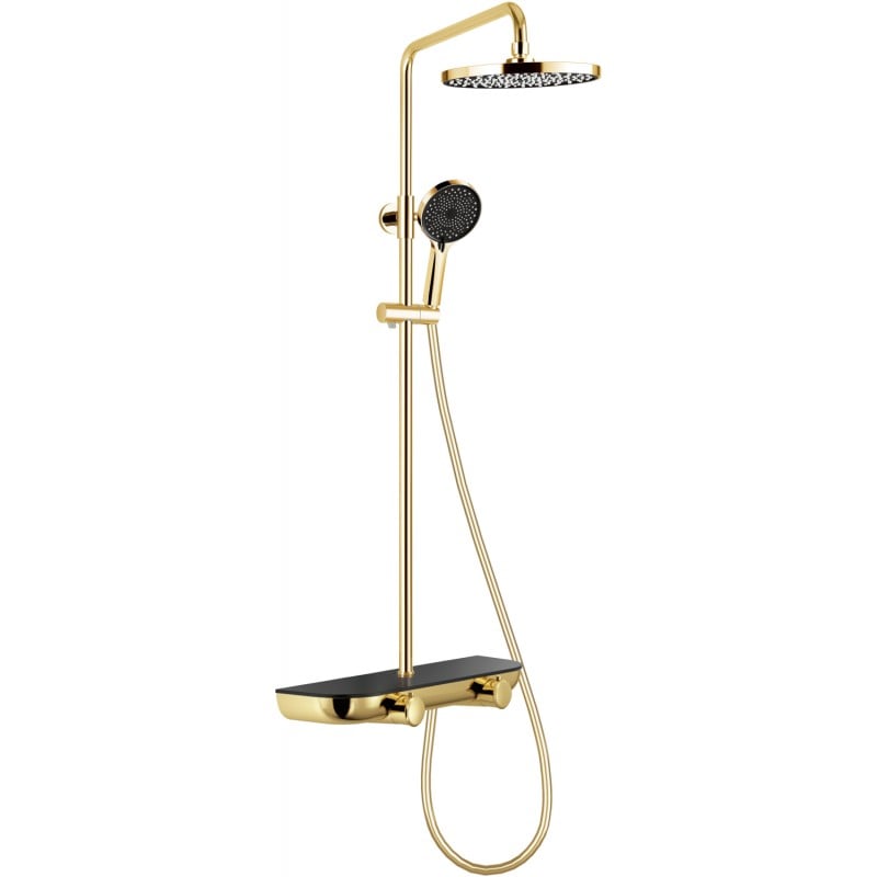 Mexen Axis exposed shower set with overhead shower and mixer, gold/black - 78112-75