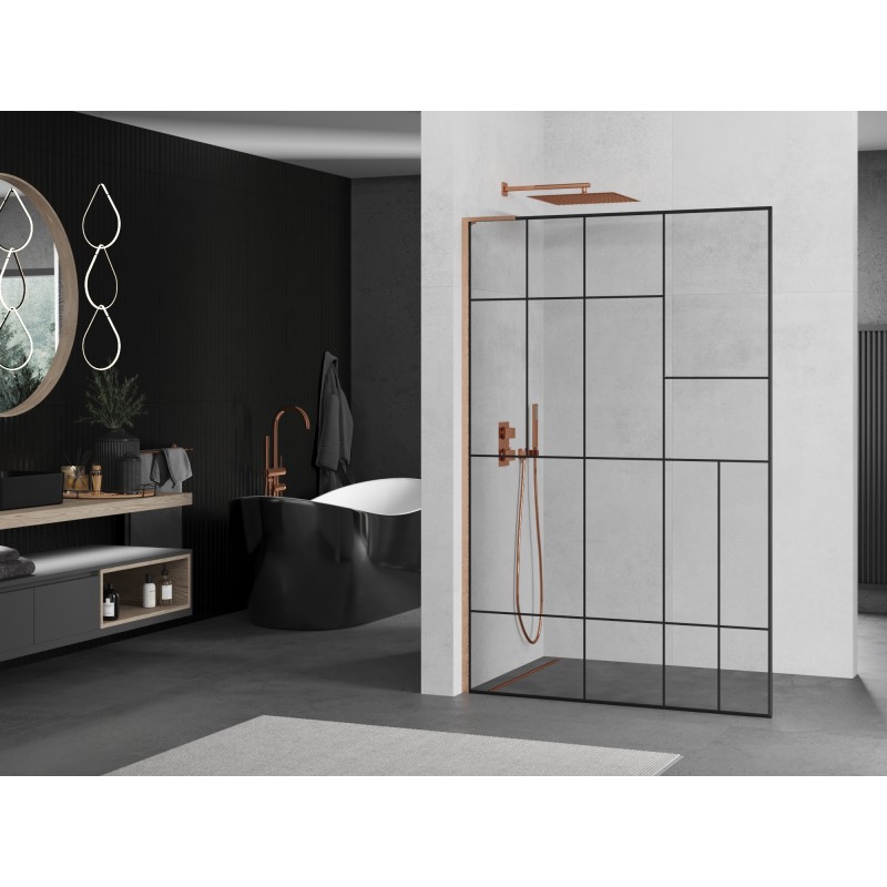 Mexen Kioto L Walk-in Shower Wall 80 x 200 cm, Black Pattern, Brushed Copper - 800-080-103-65-78