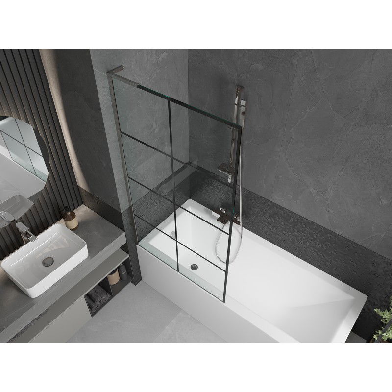 Mexen Next L paratia per vasca da bagno a 1 anta 90 x 150 cm, griglia nera, cromo - 895-090-000-03-77-01