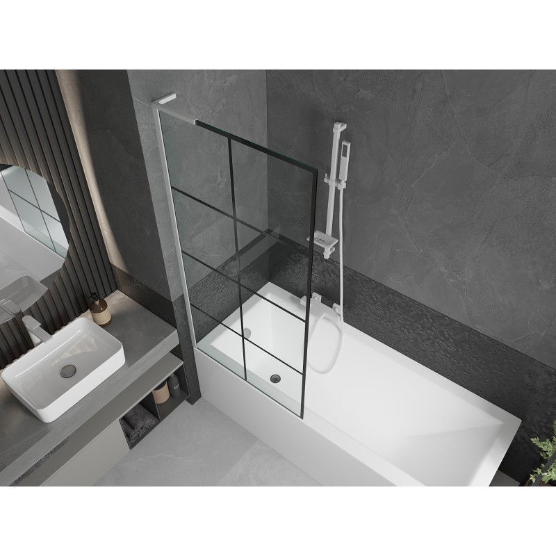 Mexen Next L 1-wing bath screen 80 x 150 cm, black grid, white - 895-080-000-03-77-20