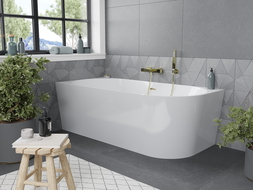 Mexen Mia freistehende linksseitige Badewanne 150 x 75 cm, weiß, Überlauf in gebürstetem Gold - 52691507500L-55