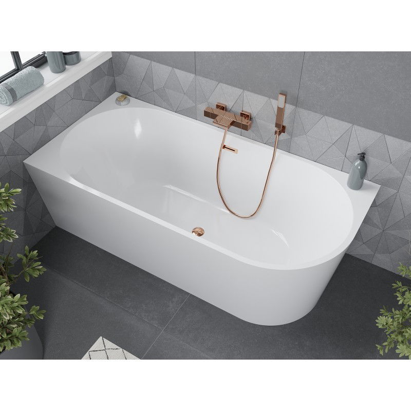 Mexen Mia vasca da bagno freestanding angolare sinistra 150 x 75 cm, bianca, troppo pieno oro rosa - 52691507500L-60