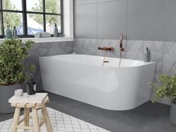 Mexen Mia freistehende linke Eckbadewanne 150 x 75 cm, weiß, mit roségoldem Überlauf - 52691507500L-60