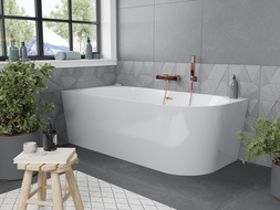 Mexen Mia freistehende Eckbadewanne links 150 x 75 cm, weiß, gebürsteter Messingüberlauf - 52691507500L-65