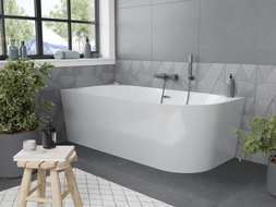 Mexen Mia freistehende Links-Eckbadewanne 150 x 75 cm, weiß, mit Überlauf Gun Gray gebürstet - 52691507500L-66