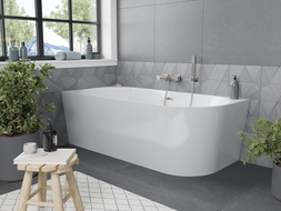 Mexen Mia freistehende Badewanne links 150 x 75 cm, weiß, Überlauf gebürstetes Nickel - 52691507500L-97
