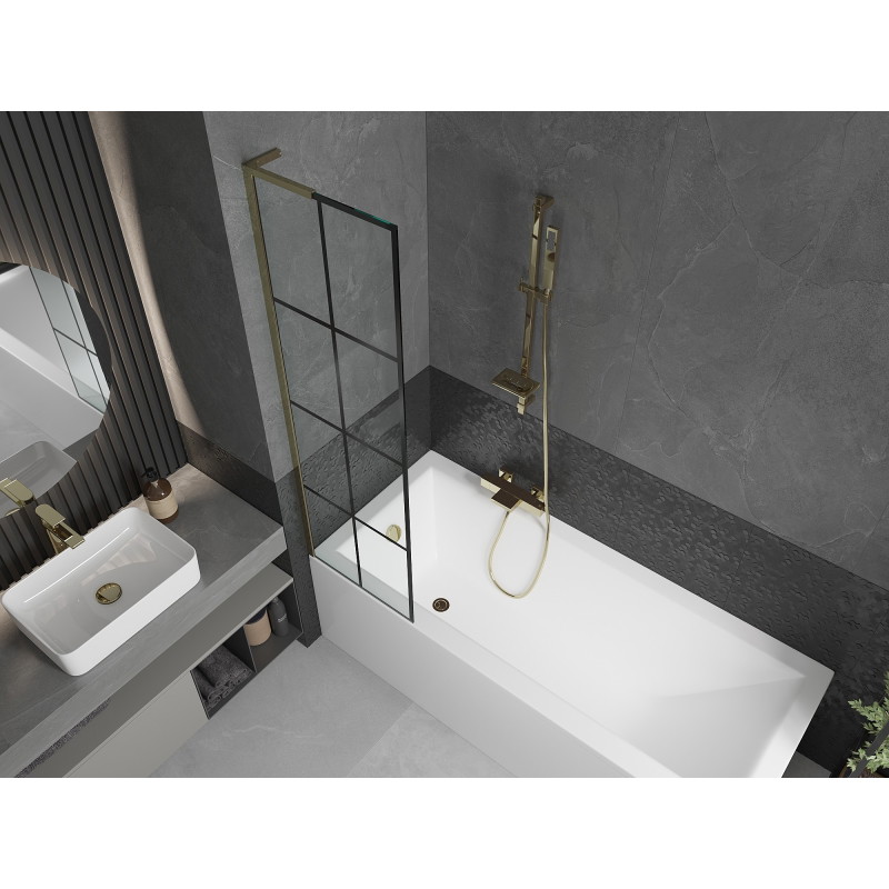 Mexen Next L vanniseinavahe uks 1-lehega 50 x 150 cm, must ruudustik, kuldne - 895-050-000-03-77-50