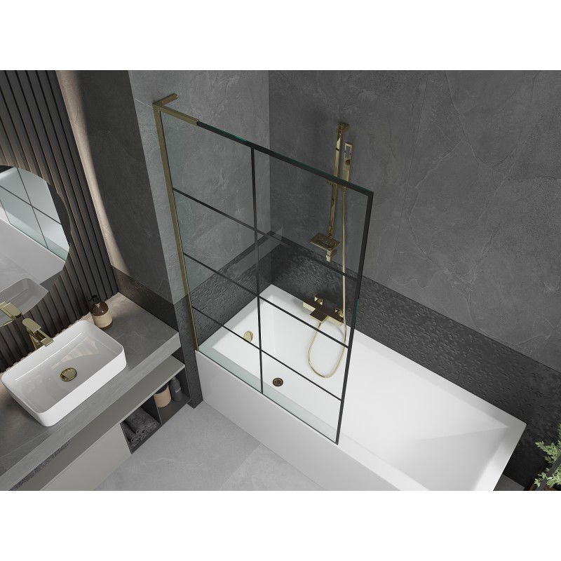 Mexen Next L parete divisoria da bagno a 1 anta 100 x 150 cm, griglia nera, oro - 895-100-000-03-77-50