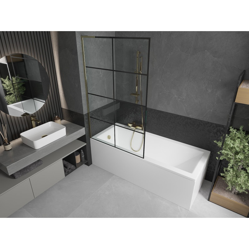 Mexen Next L vannitoa paravann 1-tiivaline 100 x 150 cm, must ruudustik, kuldne - 895-100-000-03-77-50