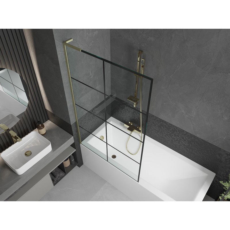 Mexen Next L paravento per vasca da bagno a 1 anta 100 x 150 cm, griglia nera, oro spazzolato - 895-100-000-03-77-55