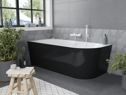 Mexen Mia freistehende Eckbadewanne links 150 x 75 cm, weiß/schwarz, Überlauf weiß - 52691507575L-20