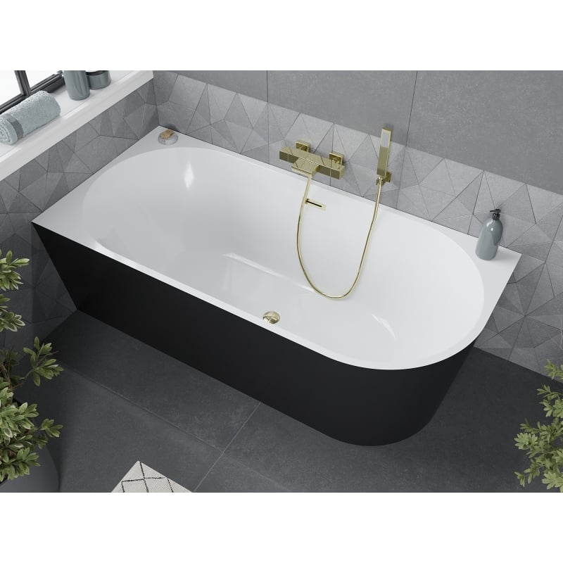 Mexen Mia freestanding corner bathtub left 150 x 75 cm, white/black, gold overflow - 52691507575L-50