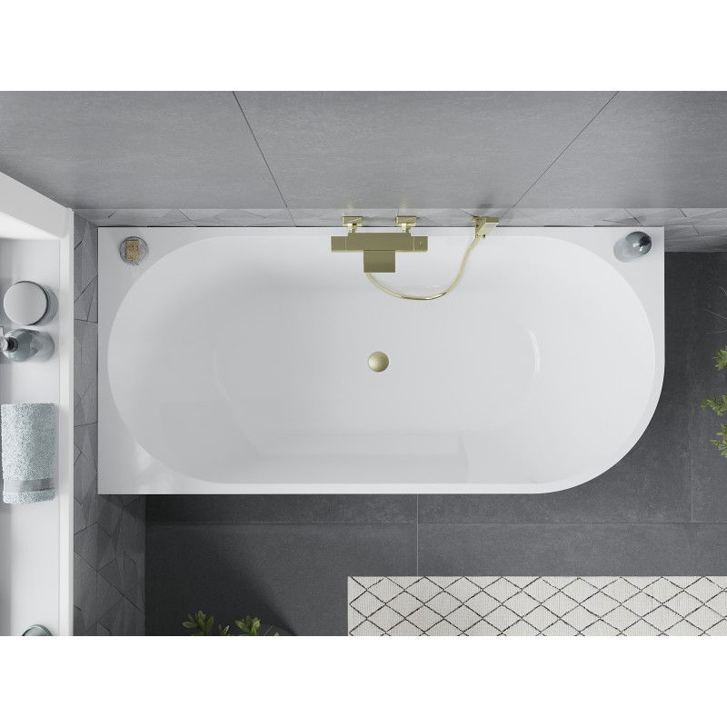 Mexen Mia bañera exenta de esquina izquierda 150 x 75 cm, blanca/negra, rebosadero dorado cepillado - 52691507575L-55