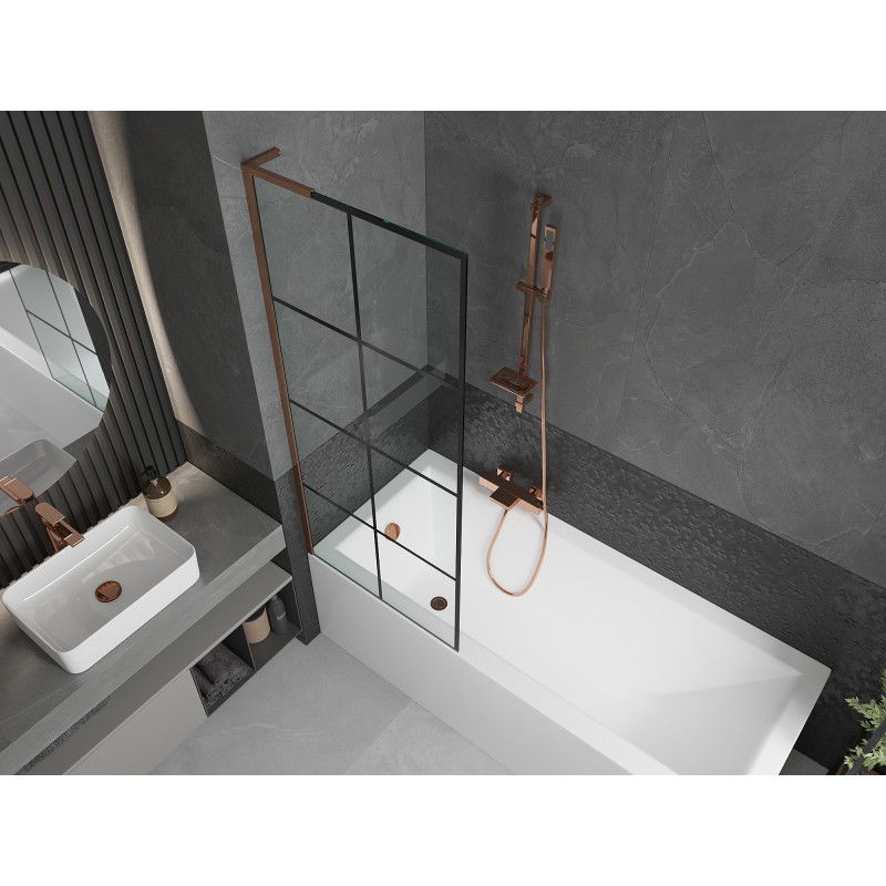 Mexen Next L paravento vasca da bagno a 1 anta 70 x 150 cm, griglia nera, oro rosa - 895-070-000-03-77-60
