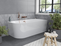 Mexen Mia freistehende Eckbadewanne rechts 150 x 75 cm, weiß, Überlauf Roségold - 52691507500P-60
