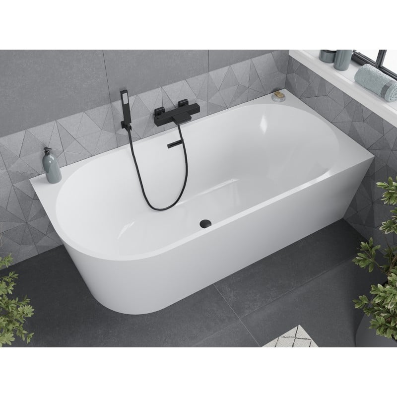 Mexen Mia vasca da bagno ad angolo libera destra 150 x 75 cm, bianca, troppopieno nero - 52691507500P-70