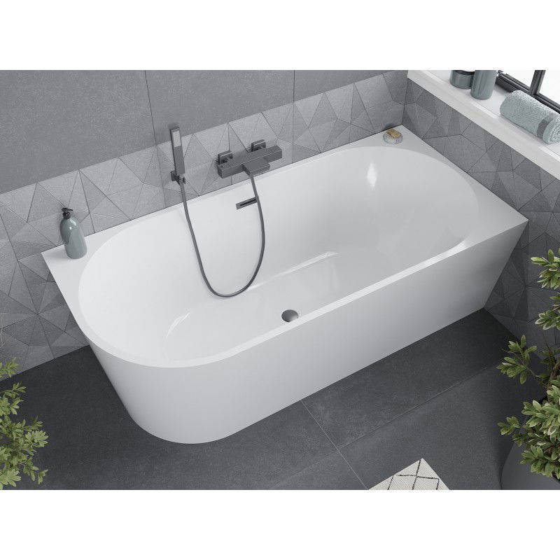 Mexen Mia vasca da bagno freestanding angolare destra 150 x 75 cm, bianca, troppopieno gun metal - 52691507500P-95