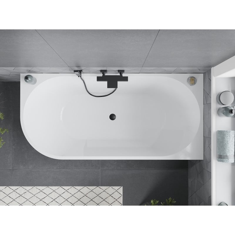 Mexen Mia vasca da bagno ad angolo libera destra 150 x 75 cm, bianca, troppopieno nero - 52691507500P-70