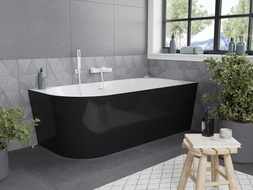 Mexen Mia freistehende Eckbadewanne rechts 150 x 75 cm, weiß/schwarz, Überlauf weiß - 52691507575P-20