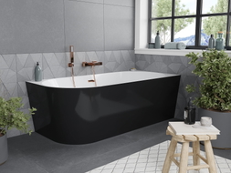 Mexen Mia freestanding corner right bathtub 150 x 75 cm, white/black, overflow rose gold - 52691507575P-60