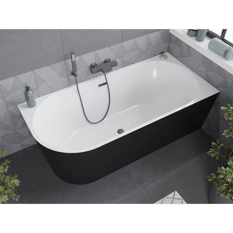 Mexen Mia vasca da bagno indipendente ad angolo destro 150 x 75 cm, bianco/nero, troppopieno canna di fucile - 52691507575P-95
