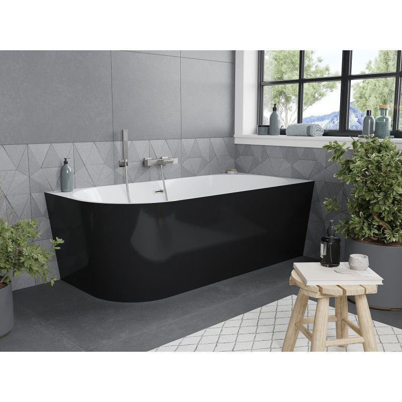 Mexen Mia freistehende Eckbadewanne rechts 150 x 75 cm, weiß/schwarz, Überlauf gebürstetes Nickel - 52691507575P-97