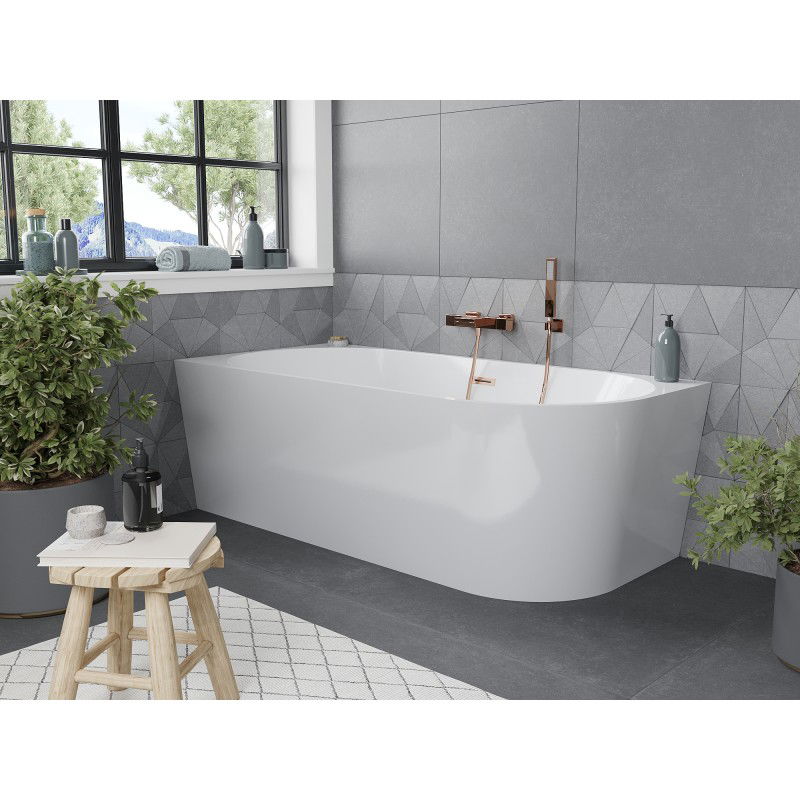 Mexen Mia vasca da bagno freestanding angolare sinistra 160 x 75 cm, bianca, troppopieno rame spazzolato - 52691607500L-65