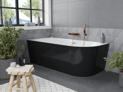 Mexen Mia vasca da bagno indipendente angolare sinistra 160 x 75 cm, bianca/nera, troppopieno rame spazzolato - 52691607575L-65