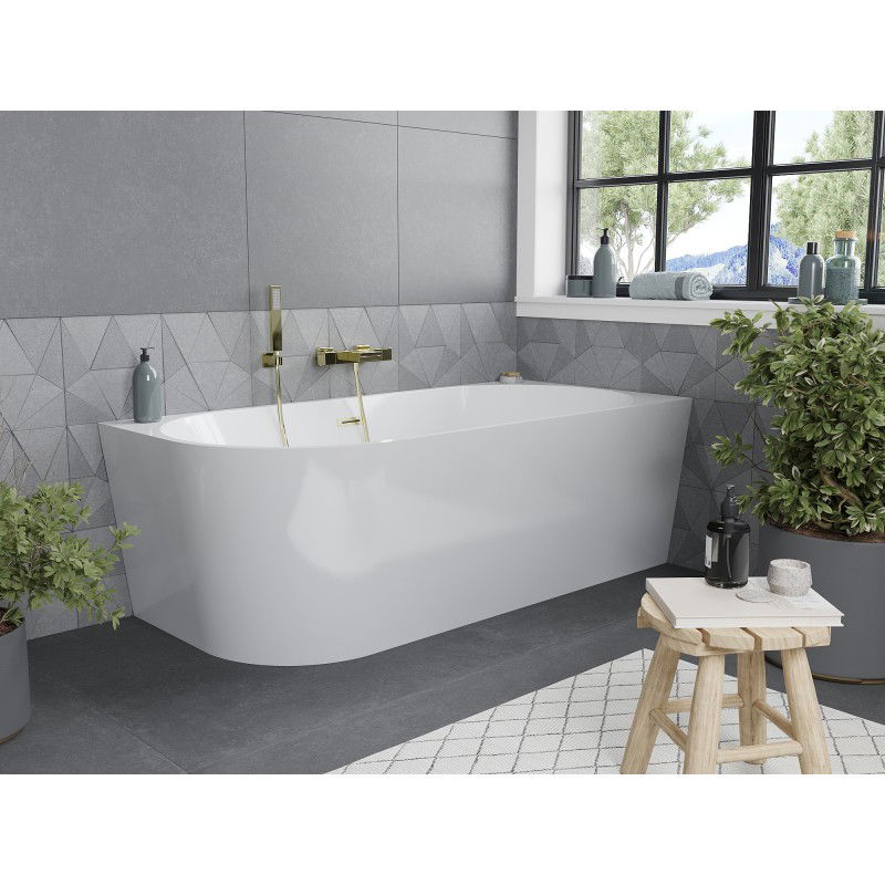 Mexen Mia vasca da bagno indipendente angolare destra 160 x 75 cm, bianca, troppopieno dorato spazzolato - 52691607500P-55