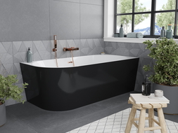 Mexen Mia freistehende Eckbadewanne rechts 160 x 75 cm, weiß/schwarz, Überlauf gebürstetes Kupfer - 52691607575P-65
