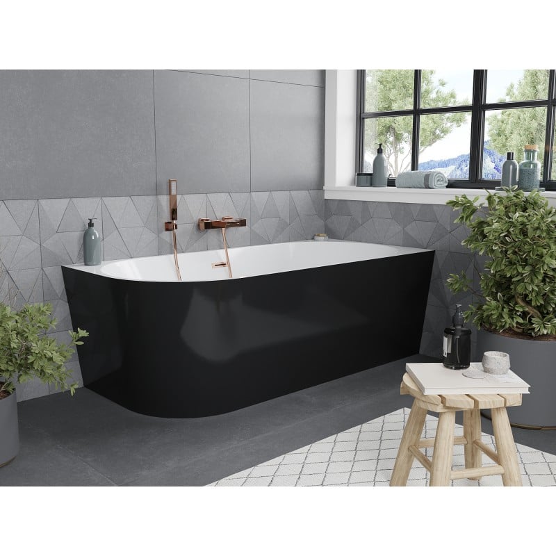 Mexen Mia vasca da bagno indipendente angolare destra 170 x 80 cm, bianca/nera, troppopieno in rame spazzolato - 52691708075P-65