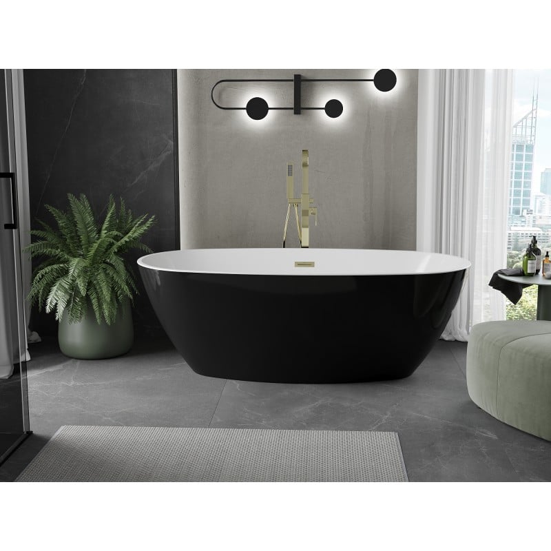Mexen Eris bañera exenta 180 x 80 cm, blanca/negra, rebosadero dorado cepillado - 53441808075-55