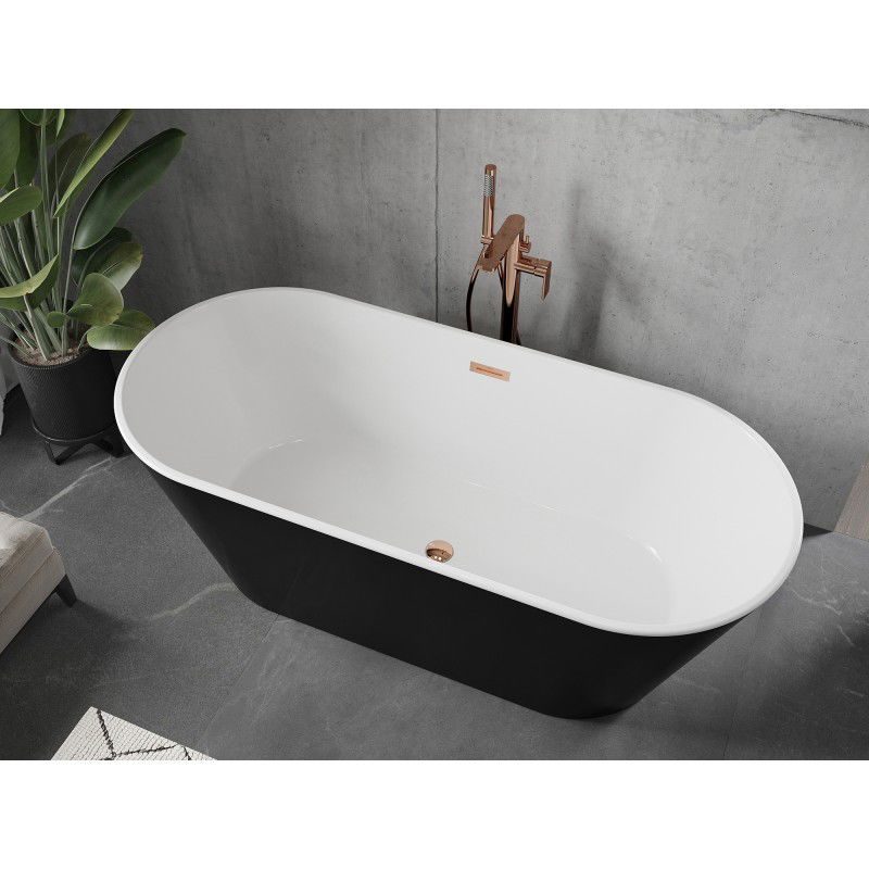 Mexen Flavia bañera exenta 160 x 75 cm, blanca/negra, rebosadero oro rosa - 54031608075-60