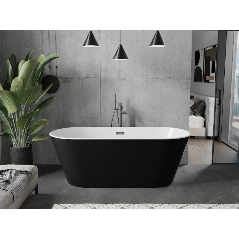 Mexen Flavia baignoire autoportante 160 x 75 cm, blanche/noire, trop-plein gris canon brossé - 54031608075-66