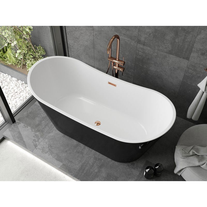 Mexen Montana banheira independente 150 x 75 cm, branco/preto, extravasor ouro rosa - 52011507575-60