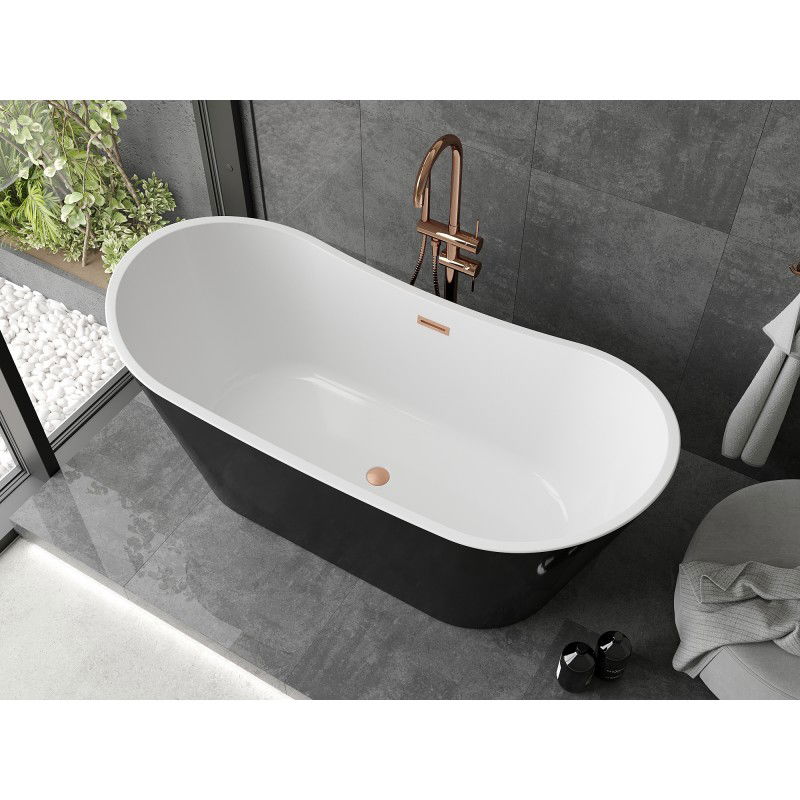 Mexen Montana freistehende Badewanne 150 x 75 cm, weiß/schwarz, Überlauf gebürstetes Kupfer - 52011507575-65