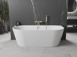 Mexen Oval freistehende Wandbadewanne 140 x 75 cm, weiß, Überlauf aus gebürstetem Gold - 52671407500-55