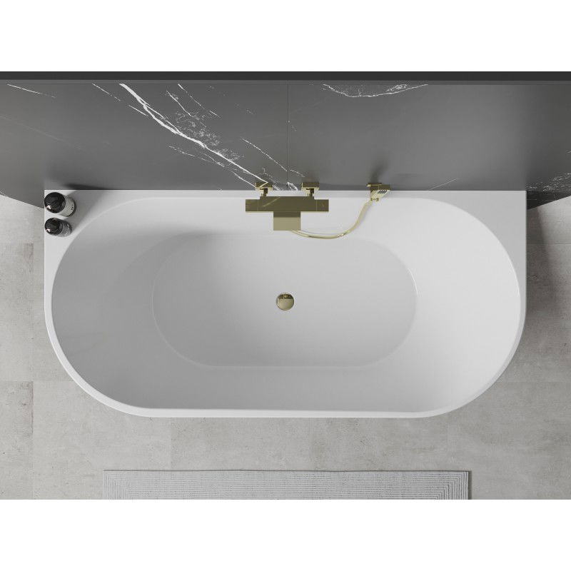 Mexen Oval freistehende wandnahe Badewanne 160 x 80 cm, weiß, Überlauf gold - 52671608000-50