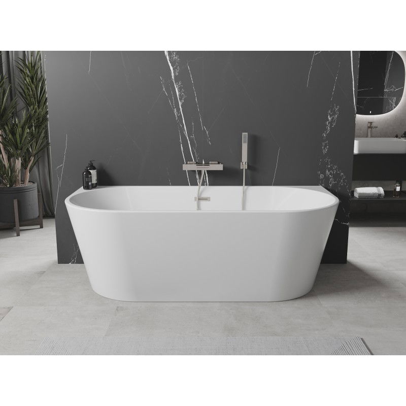 Mexen Oval freistehende wandnahe Badewanne 160 x 80 cm, weiß, Überlauf gebürstetes Nickel - 52671608000-97