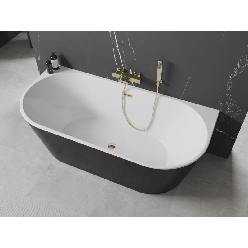 Mexen Oval wanna wolnostojąca przyścienna 150 x 75 cm, biała/czarna, przelew złoty - 52671507575-50