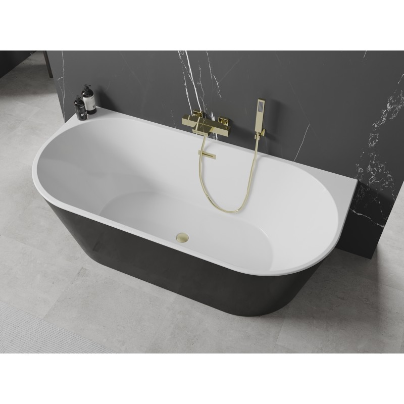 Mexen Oval wanna wolnostojąca przyścienna 160 x 80 cm, biała/czarna, przelew złoty szczotkowany - 52671608075-55